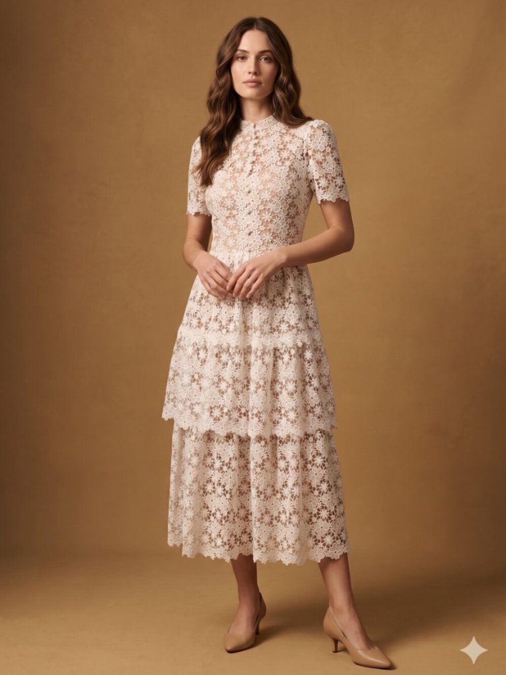 By Egreis White Lace Tiered Midi Dress Small Nude Lining Short Sleeve Mock Neck